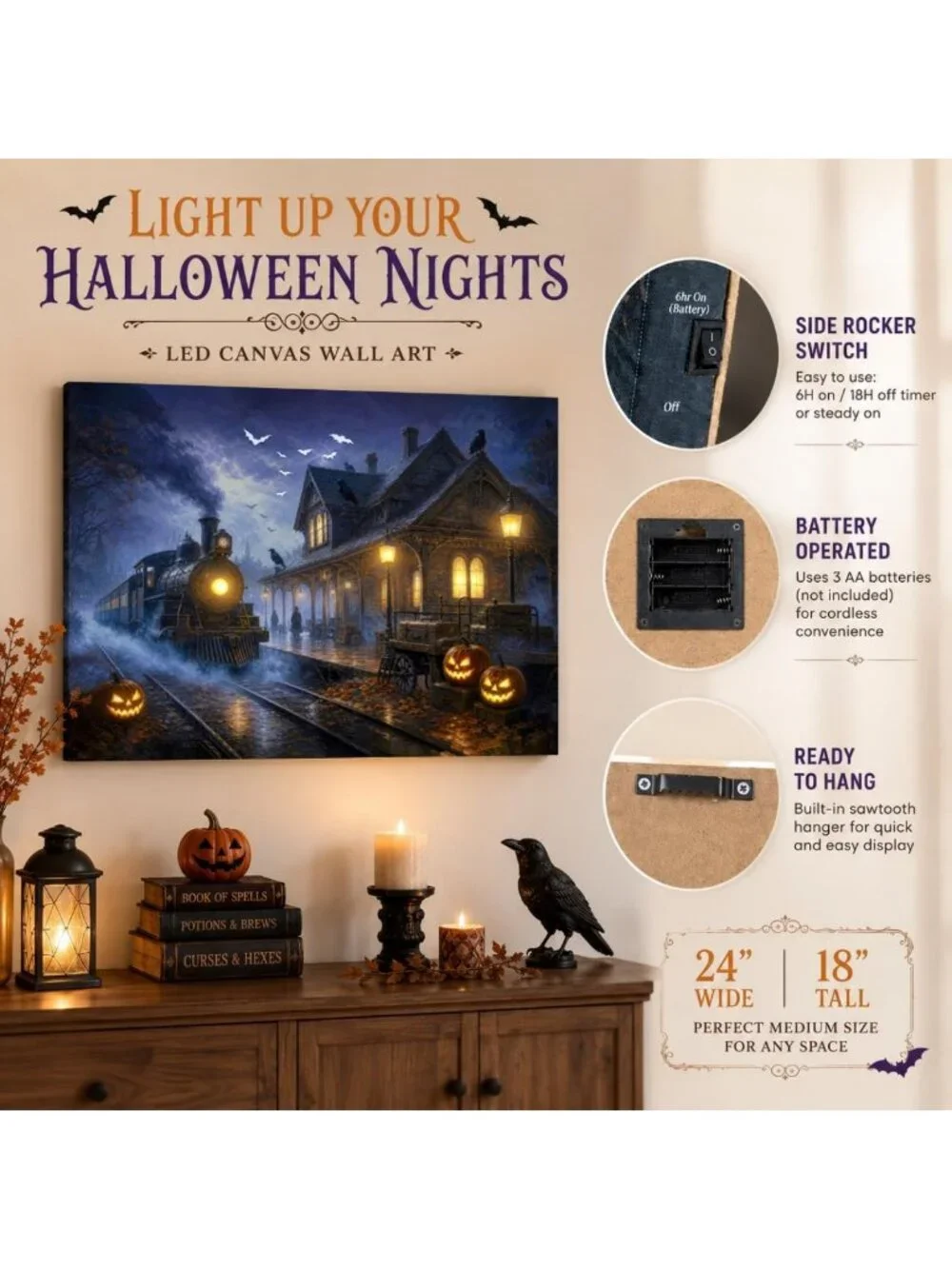 Haunted Train Station LED Canvas Wall Art - Spooky Halloween Decor, 24x18 in